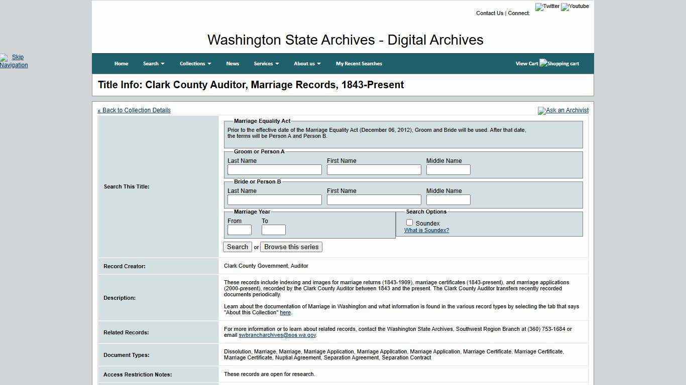Washington State Archives, Digital Archives - Title Info: Clark County Auditor, Marriage Records, 1843-Present